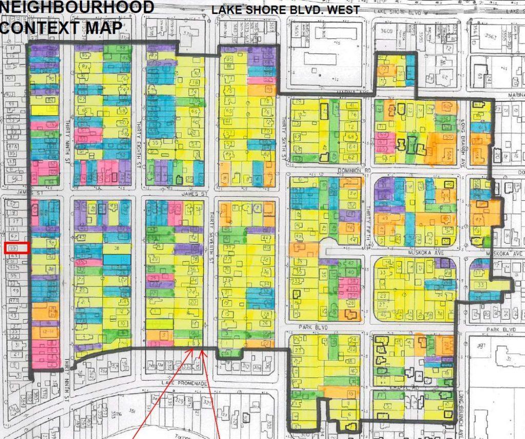 Colour coded map created by a professional planner, depicting lot frontages for a section of Long Branch.
